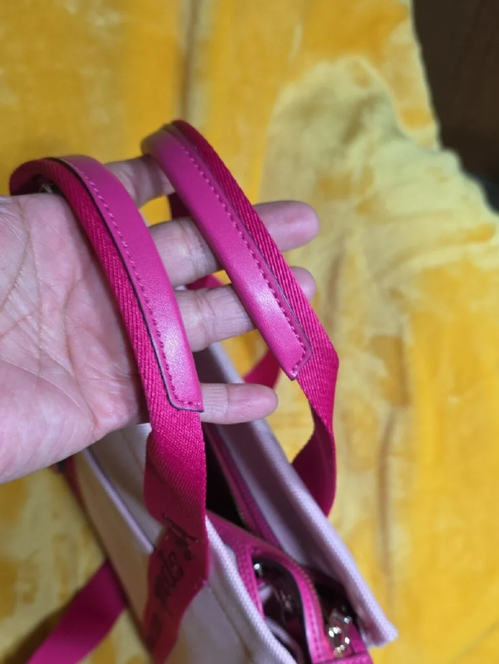 Authentic Kate Spade Pink Canvas Tote with Hot Pink Straps and Heart Charm